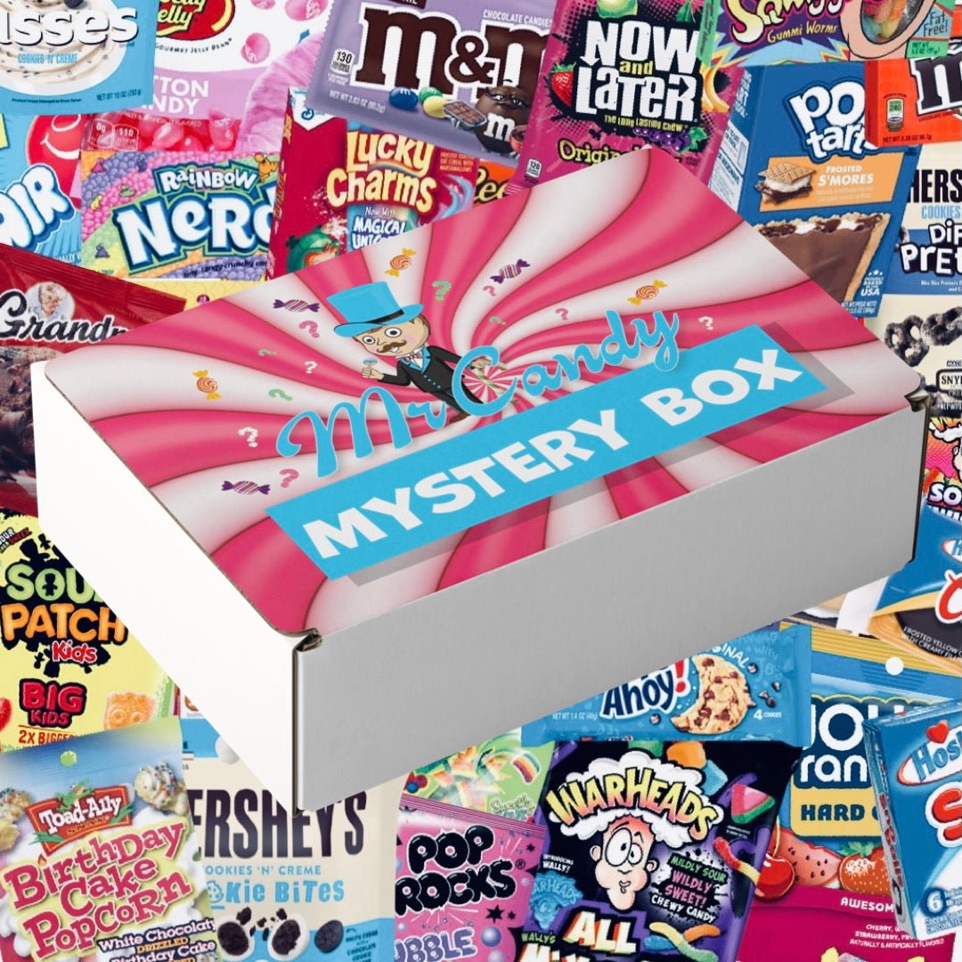 €30 American Candy Mystery Box with assorted American sweets and snacks including Reese’s, Twizzlers, Hershey’s, Sour Patch Kids, Nerds, Takis, Cheetos, Pop Tarts and more